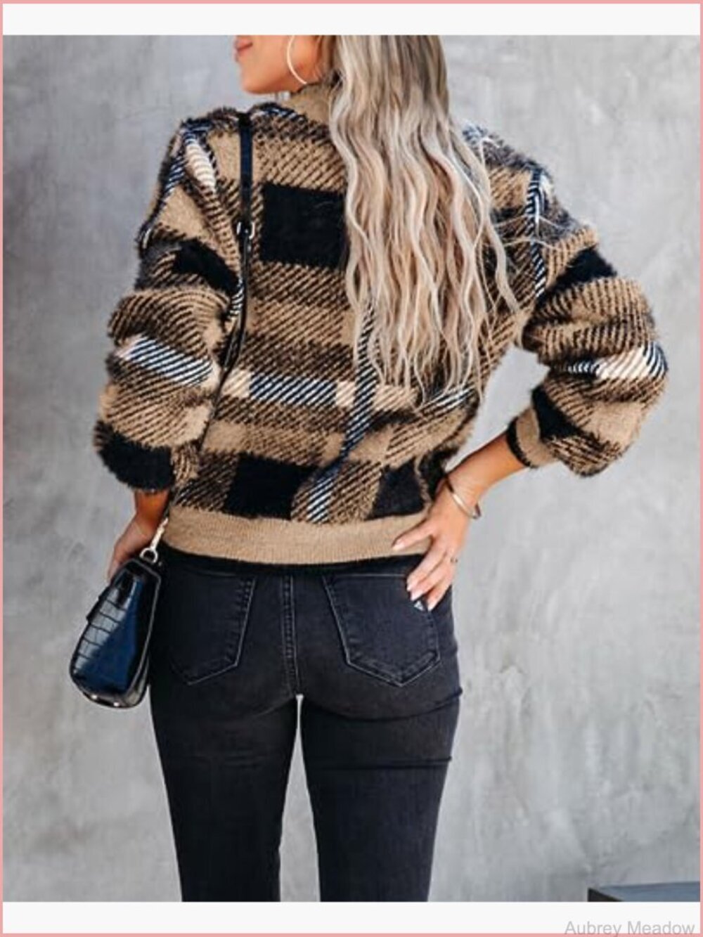 Plaid Fuzzy Knit V-Neck Button Down Cardigan Sweater Cozy Long Sleeve - Picture 3 of 7